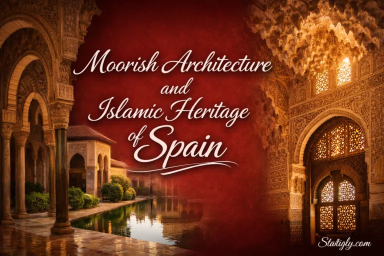 France showcases a doorway with intricate Moorish arches and detailed tile work.