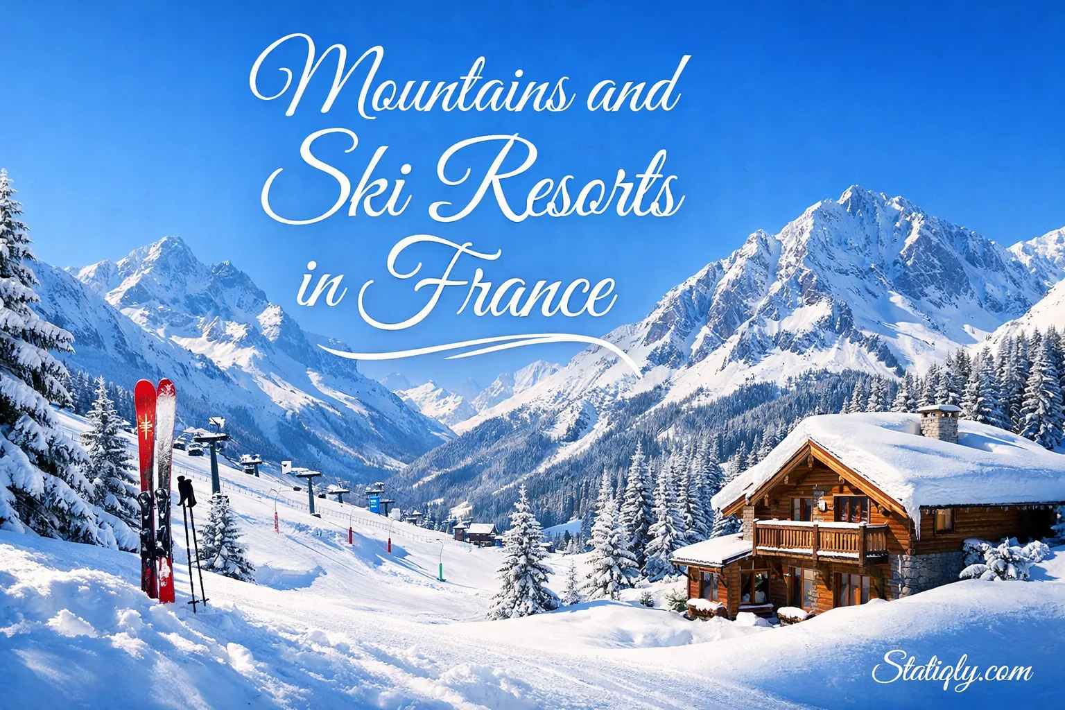 A snow-covered mountain range with a cozy wooden ski lodge in France, perfect for skiing adventures.