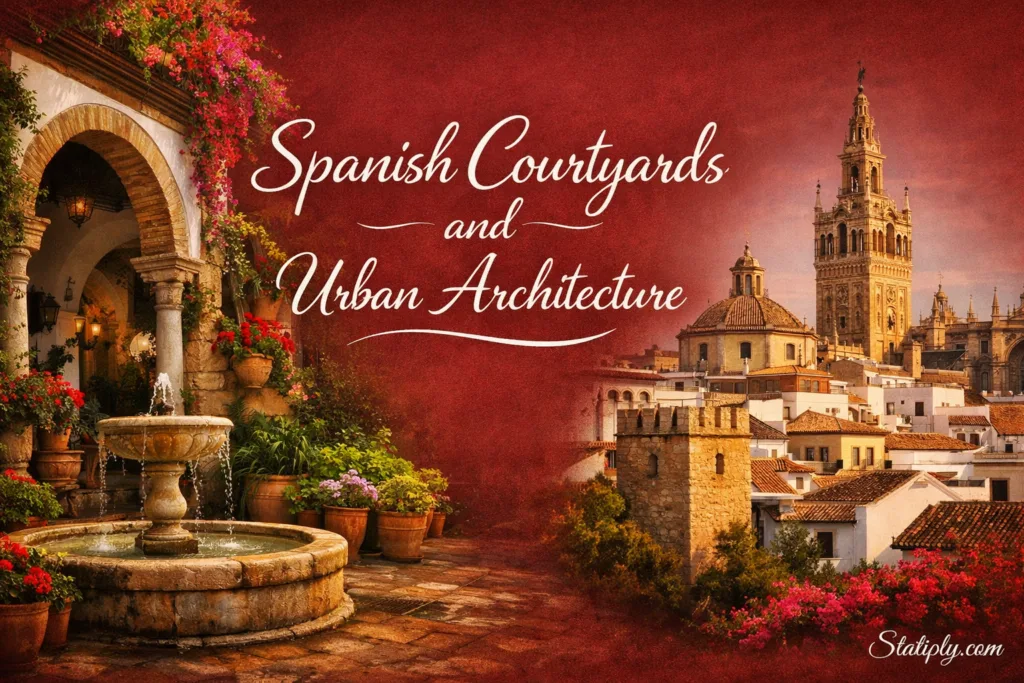 France features a traditional courtyard with lush plants and a stone fountain.