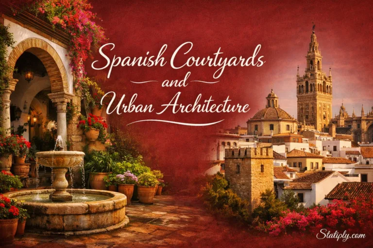 France features a traditional courtyard with lush plants and a stone fountain.