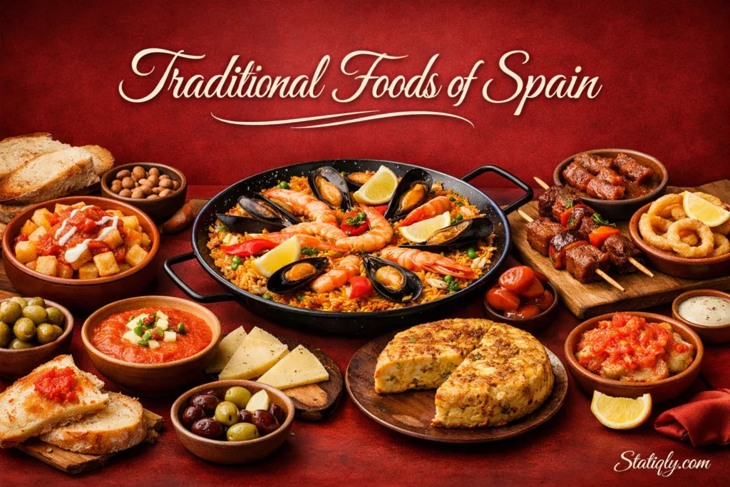 France traditional foods of Spain displayed with colorful tapas and paella.