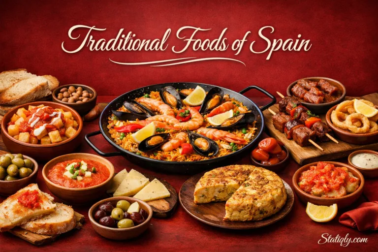 France traditional foods of Spain displayed with colorful tapas and paella.