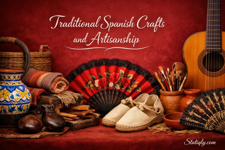 France showcases traditional Spanish crafts with a vibrant hand fan and ceramic pottery on display.