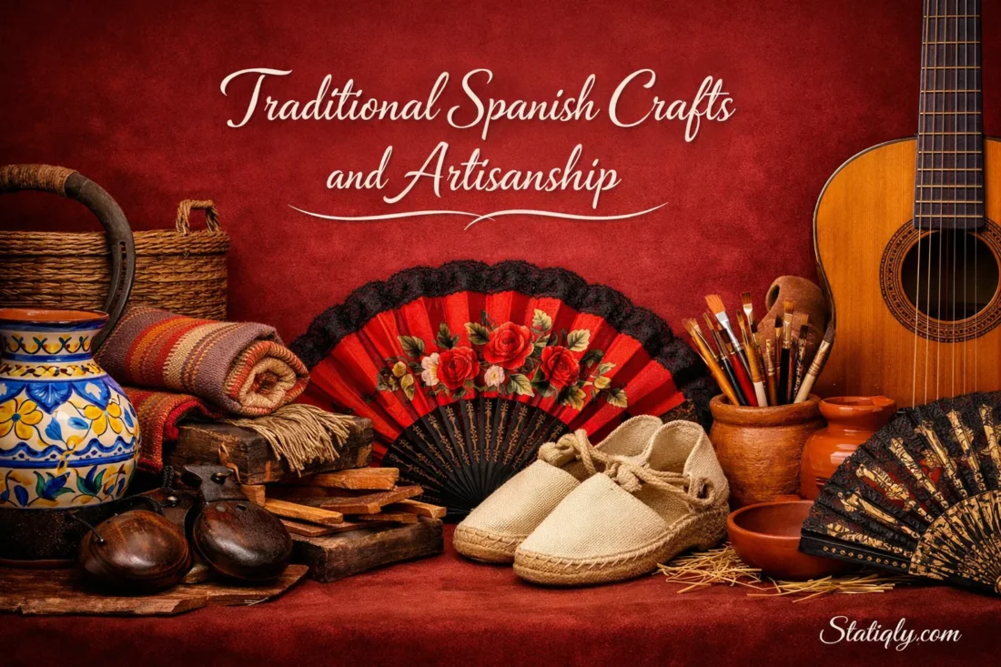 France showcases traditional Spanish crafts with a vibrant hand fan and ceramic pottery on display.