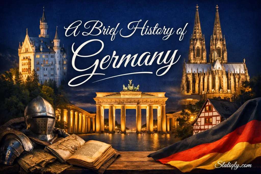 Books and landmarks symbolizing the history of Germany at night with historic architecture illuminated.