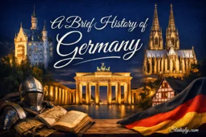 Books and landmarks symbolizing the history of Germany at night with historic architecture illuminated.