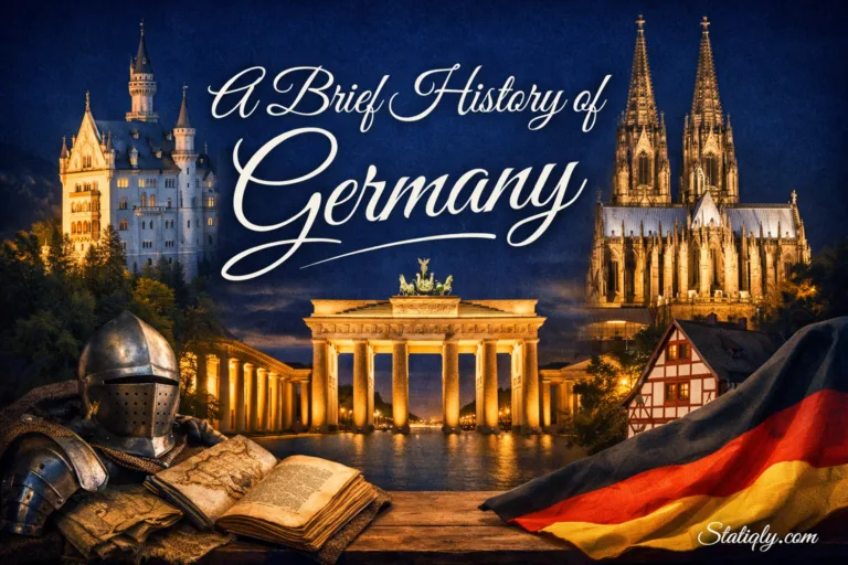 Books and landmarks symbolizing the history of Germany at night with historic architecture illuminated.