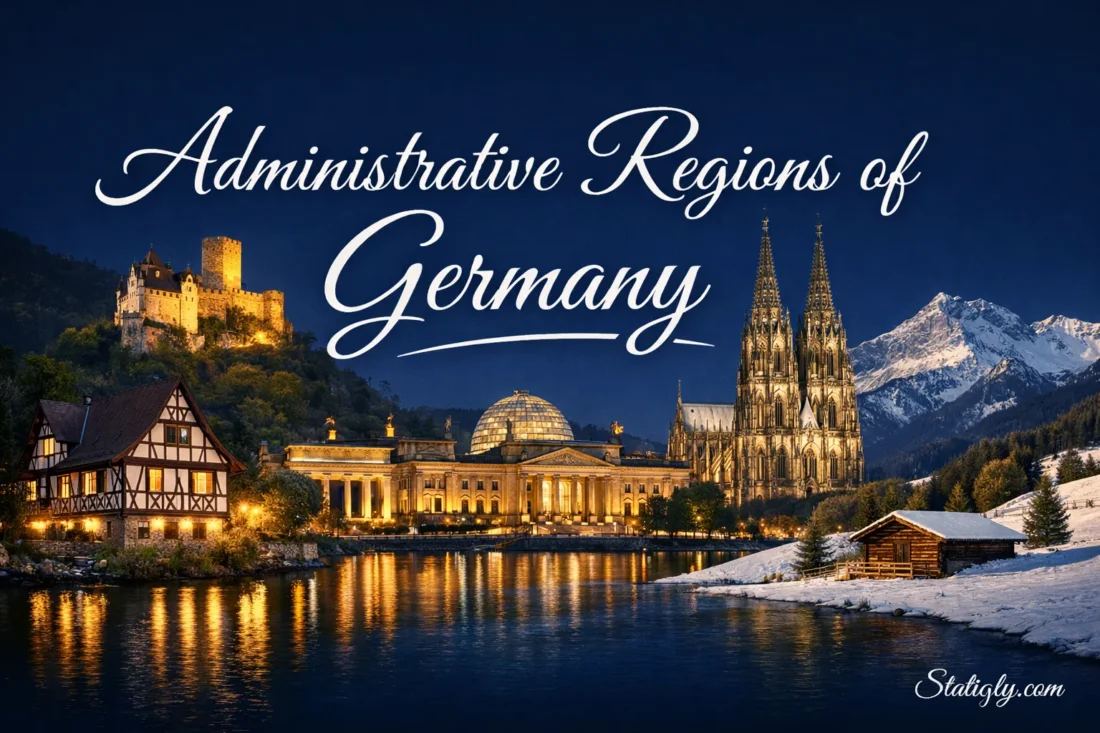 Map of Germany showing its various administrative regions and key cities at sunset.