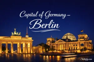 Night view of Berlin, the capital of Germany, with illuminated historic buildings and the Reichstag dome.