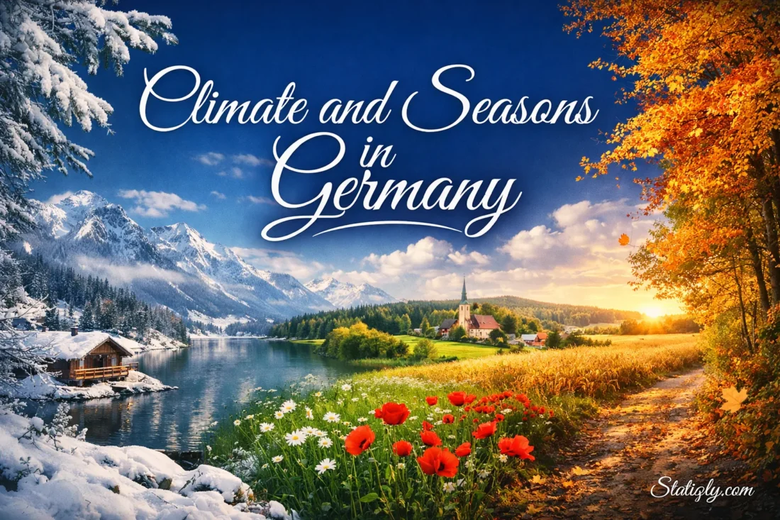 Beautiful landscape showing Germany's climate and seasons with vibrant flowers, lush greenery, and changing weather cond…