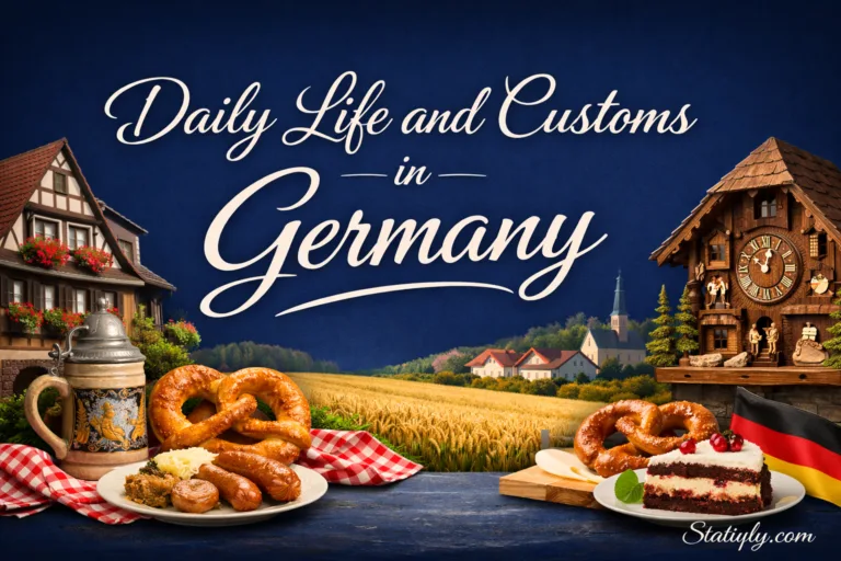 Scenes of daily life and traditions in Germany, including food, nature, and cultural activities.