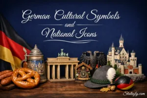 German cultural symbols and national icons displayed with beer stein, pretzels, and traditional ornaments
