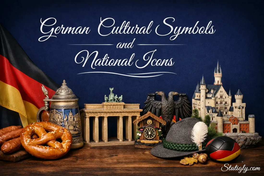 German cultural symbols and national icons displayed with beer stein, pretzels, and traditional ornaments