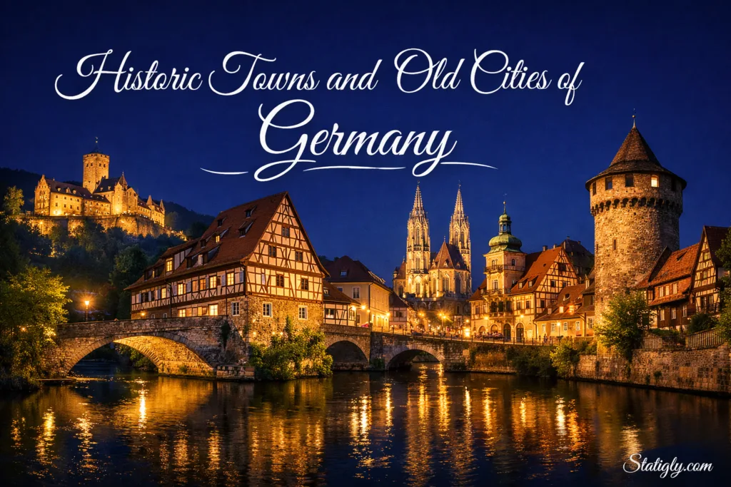 Charming view of historic towns in Germany with medieval buildings and illuminated cityscapes at night