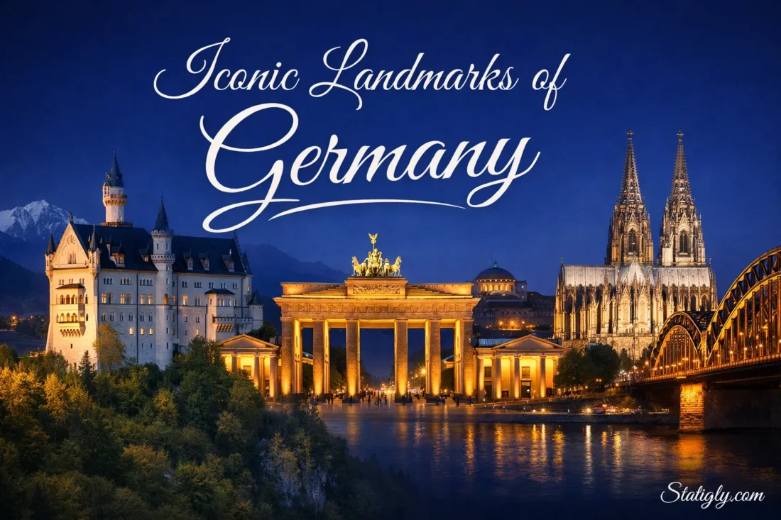 Beautiful view of iconic landmarks in Germany, including Brandenburg Gate and Berlin Cathedral at night.