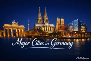 Night view of major cities in Germany with illuminated buildings and historic architecture