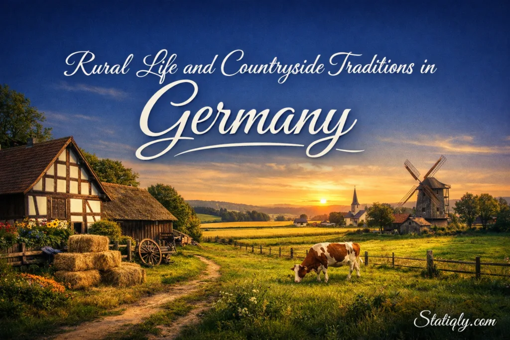 Scenic view of German countryside showcasing traditional rural life and picturesque farmland at sunset.