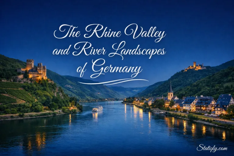 Scenic view of the Rhine Valley and river landscapes in Germany with lush hills and charming towns along the river