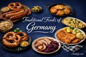 Traditional foods of Germany featuring sausages, pretzels, and hearty dishes in vibrant presentation.