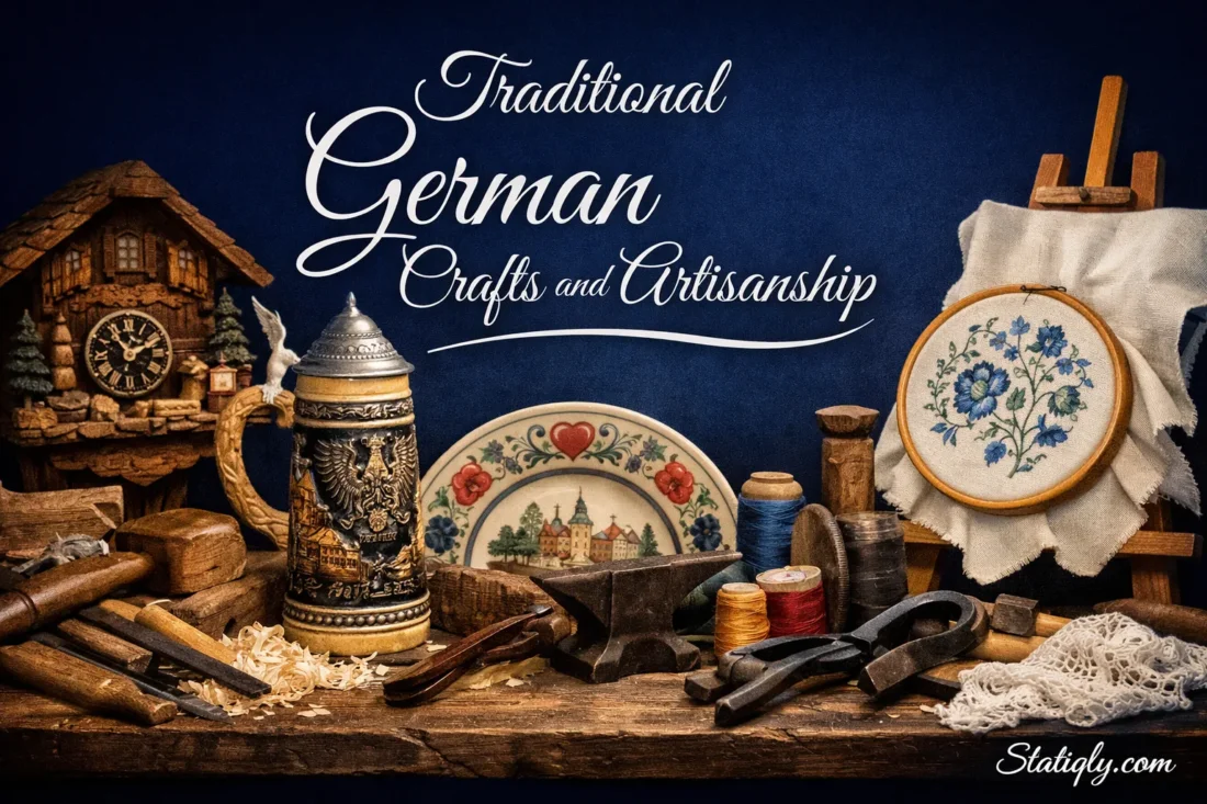 Traditional German crafts and artisanship showcased with pottery, woodwork, embroidery, and handmade decorations.