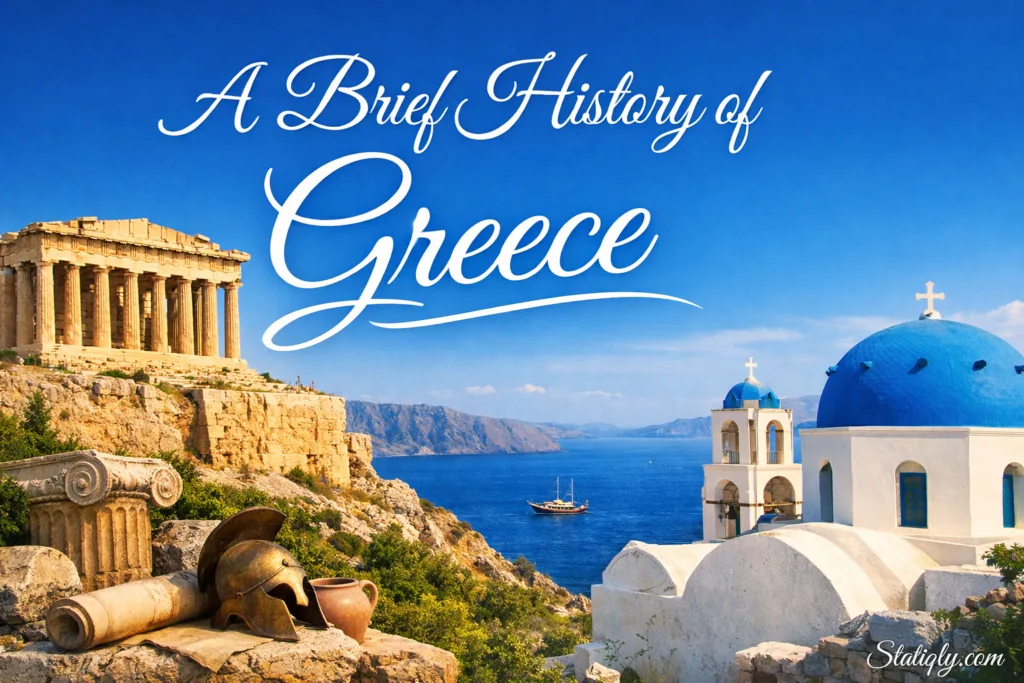 Scenic view of Greece with historic ruins and seaside landscapes, capturing the essence of a brief history of Greece