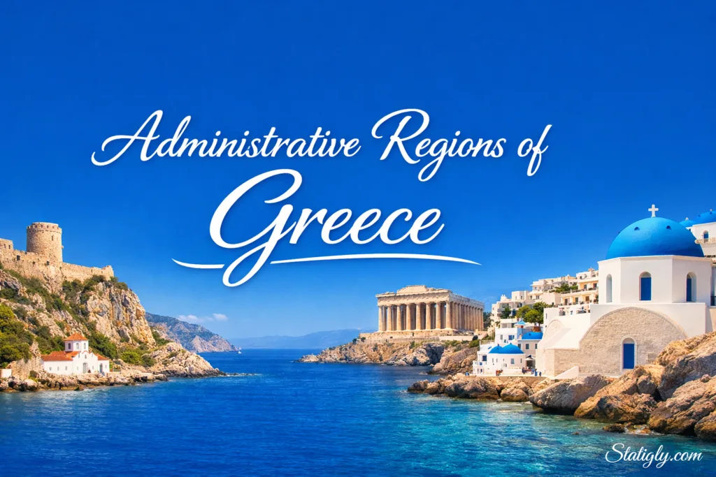 Map of Greece showing its administrative regions and key cities in a colorful, detailed illustration.