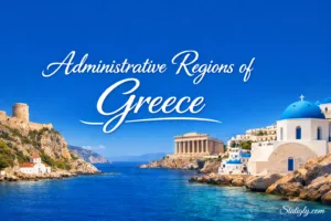 Map of Greece showing its administrative regions and key cities in a colorful, detailed illustration.