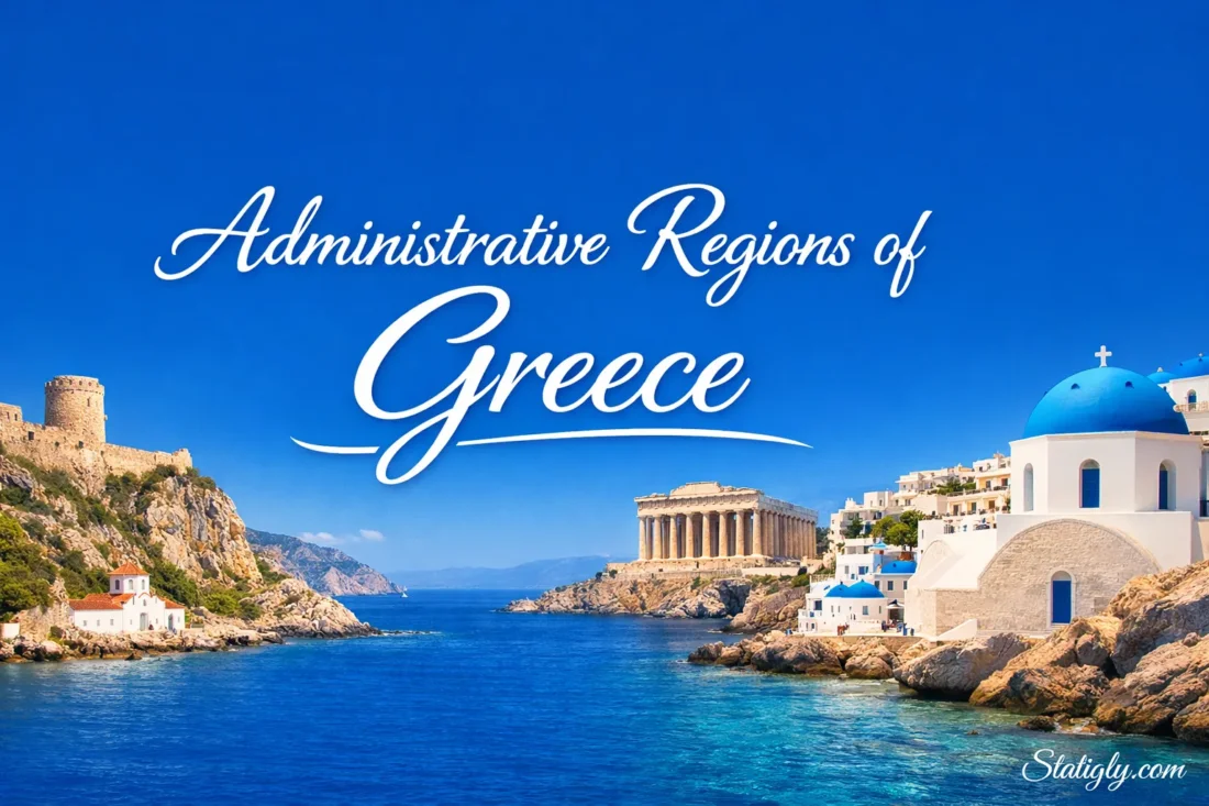 Map of Greece showing its administrative regions and key cities in a colorful, detailed illustration.