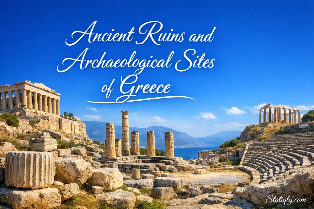 Ancient ruins and archaeological sites of Greece showcase historic temples and structures by the sea under a blue sky.