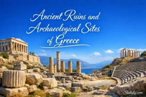 Ancient ruins and archaeological sites of Greece showcase historic temples and structures by the sea under a blue sky.
