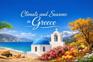 Beautiful view of Greece showcasing its warm climate and distinct seasons with vibrant flowers and white buildings
