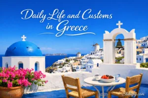 Vivid view of daily life and customs in Greece with charming outdoor cafes and scenic coastal scenery