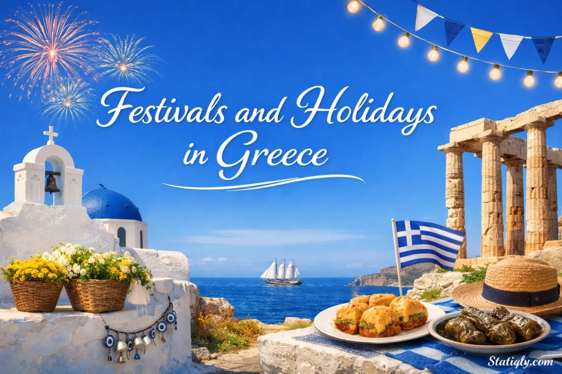 Traditional festivals and holidays in Greece showcased with scenic landscapes, celebrations, and cultural traditions.