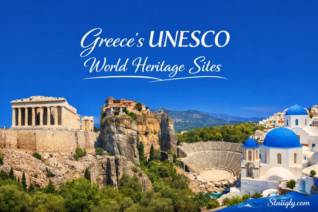 Beautiful views of Greece's UNESCO World Heritage Sites showcasing historic stone structures and scenic landscapes