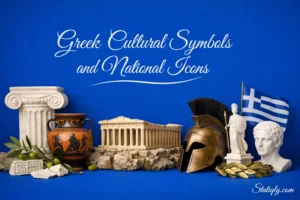 Greek cultural symbols and national icons reflect Greece's rich history and identity in this vibrant display.
