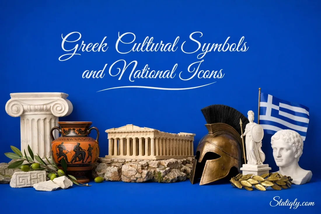 Greek cultural symbols and national icons reflect Greece's rich history and identity in this vibrant display.
