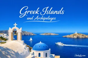 Beautiful view of Greek islands and archipelagos with white buildings and blue waters in the background.