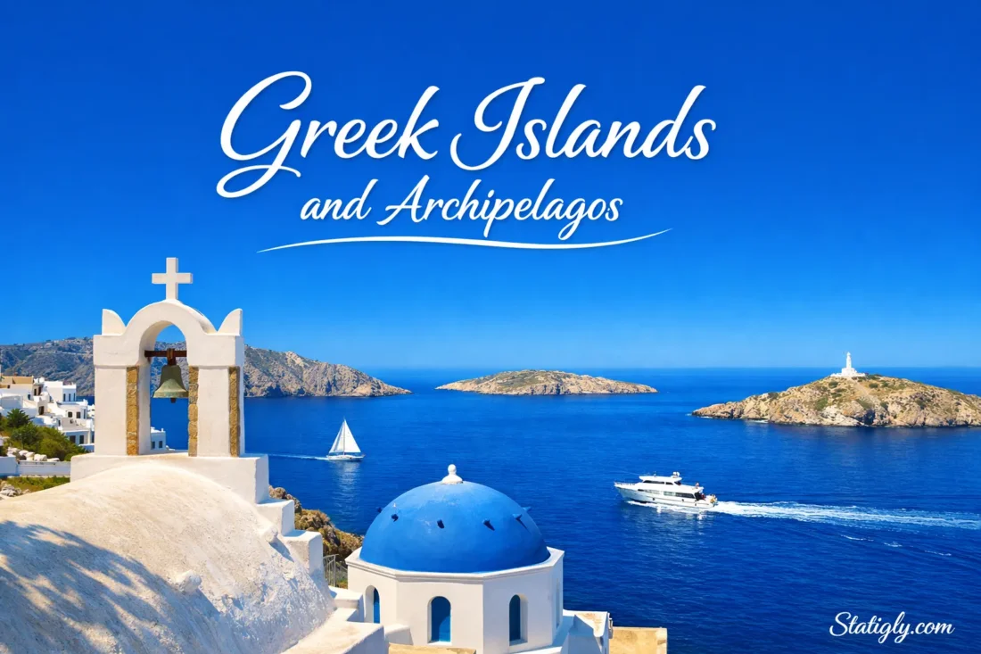 Beautiful view of Greek islands and archipelagos with white buildings and blue waters in the background.