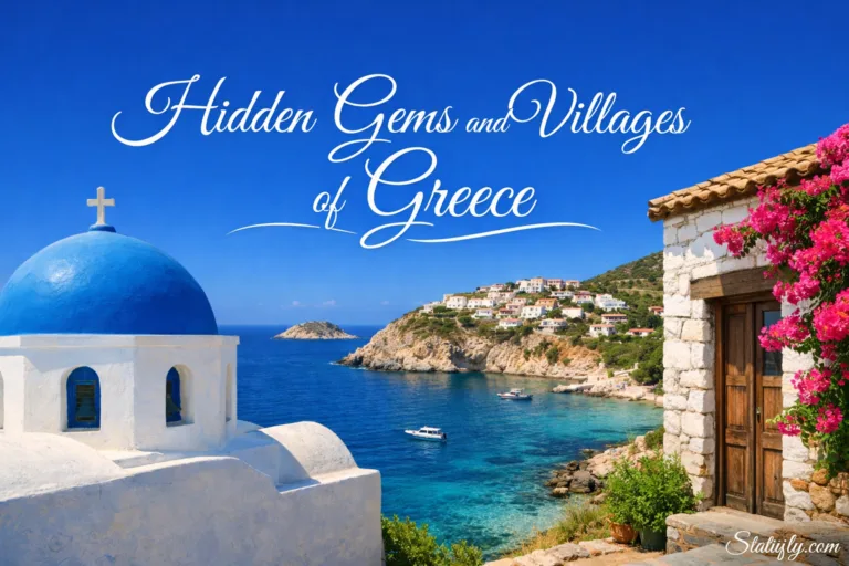 Beautiful view of Greece's hidden gems and villages with white buildings and blue sea in the background.