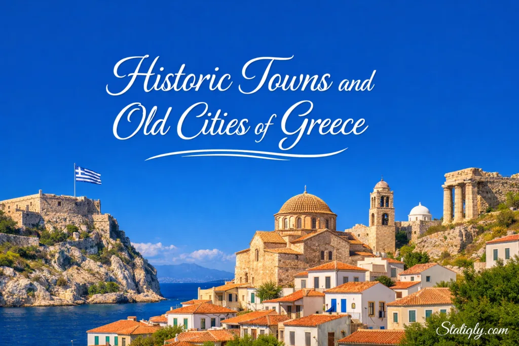 Charming streets and iconic buildings in historic towns and old cities of Greece