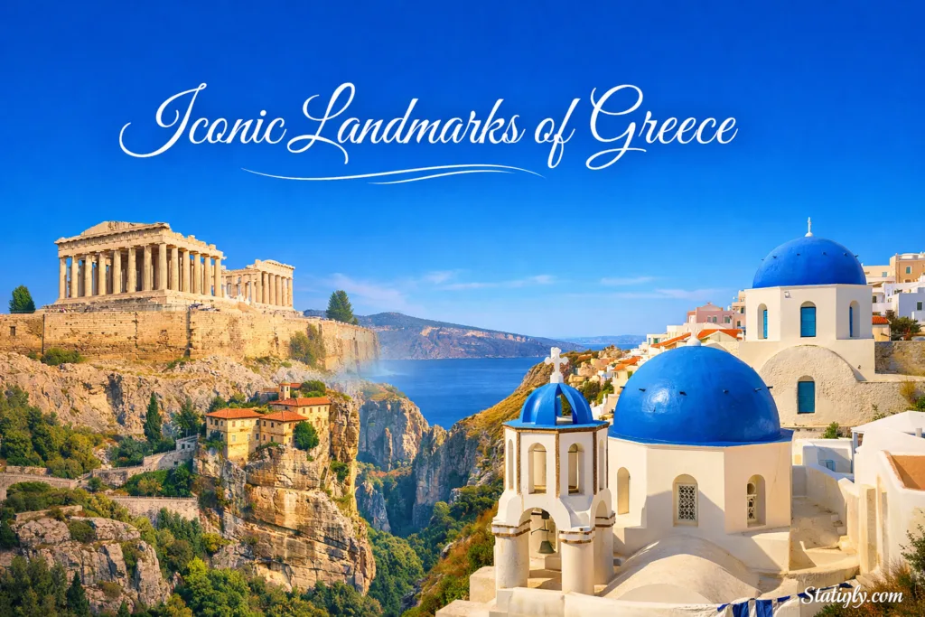 Beautiful view of iconic landmarks of Greece, including historic castles, white-washed buildings, and blue-domed churche…