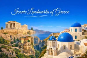 Beautiful view of iconic landmarks of Greece, including historic castles, white-washed buildings, and blue-domed churche…