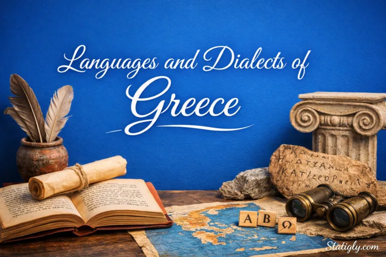 Different languages and dialects spoken across Greece with books and cultural symbols in the background.