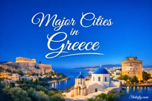 Scenic view of major cities in Greece with historic buildings and coastal scenery in the background.