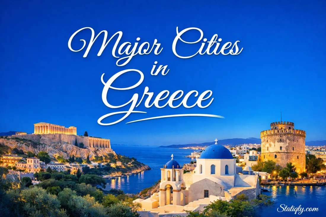 Scenic view of major cities in Greece with historic buildings and coastal scenery in the background.