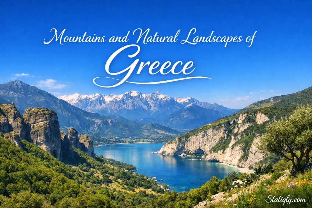 Breathtaking views of Greece's mountains and natural landscapes with lush greenery and stunning rocky cliffs.