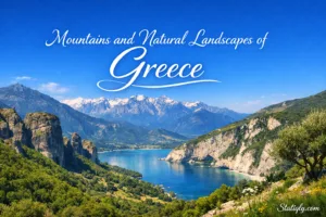 Breathtaking views of Greece's mountains and natural landscapes with lush greenery and stunning rocky cliffs.