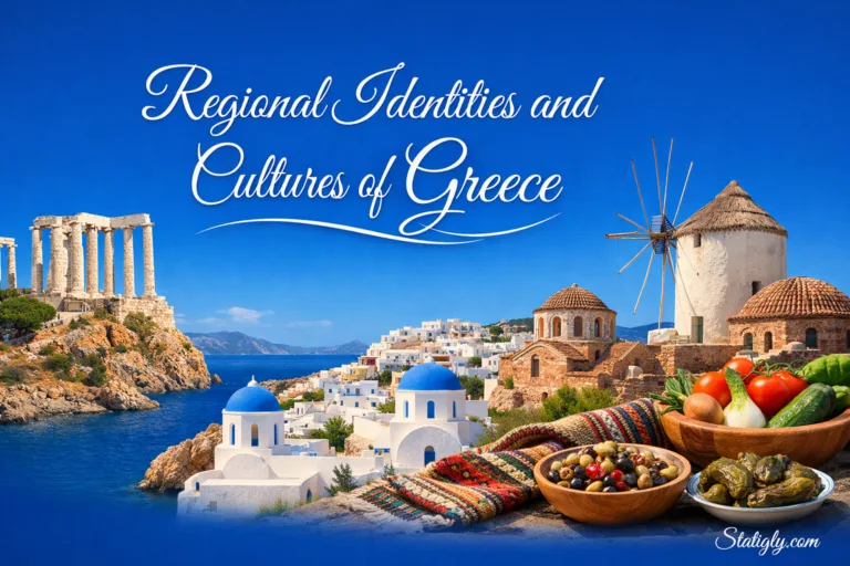 Colorful buildings and traditional crafts showcase the regional cultures of Greece in this vibrant scene.