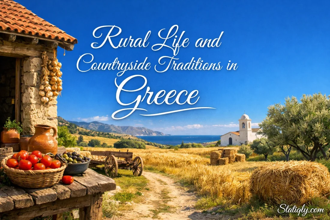 Scenes of rural life and traditions in Greece with traditional houses, landscapes, and outdoor activities in countryside…
