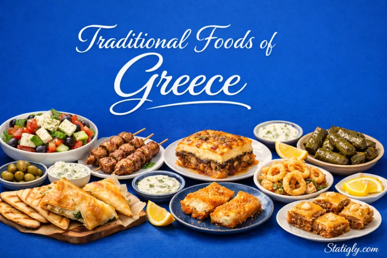 Traditional foods of Greece showcase delicious Mediterranean dishes like souvlaki, moussaka, and fresh seafood.